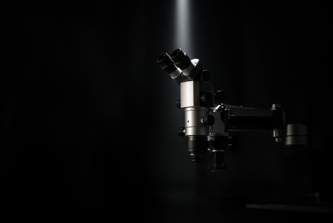 Operating microscope in a dark room, lit by a single vertical beam.