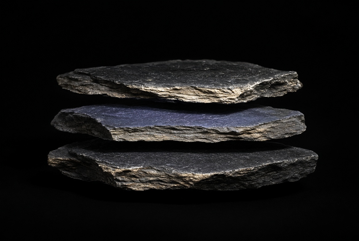 Three slabs of dark slate stacked with a muted indigo plane at the center.
