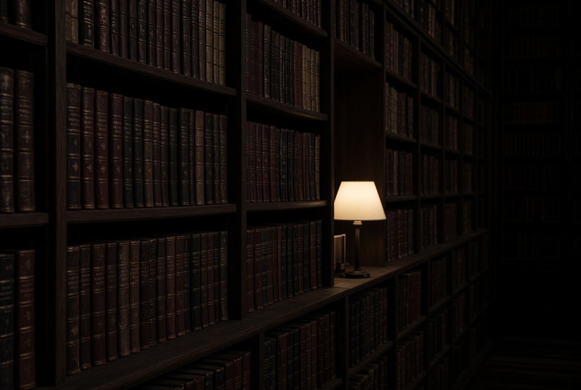 Dark library stacks with a single ivory lamp.